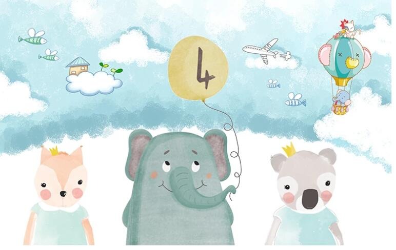 Cartoon Bears, Balloons and Elephants Mural Wallpaper