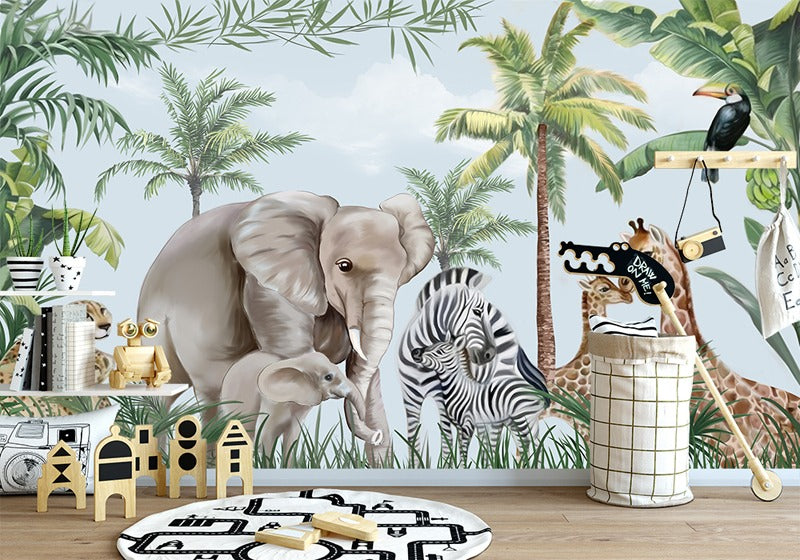 Jungle Animals Mother and Baby Love Mural Wallpaper