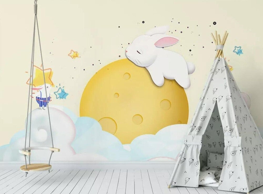 Cute Bunny on The Moon Mural Wallpaper