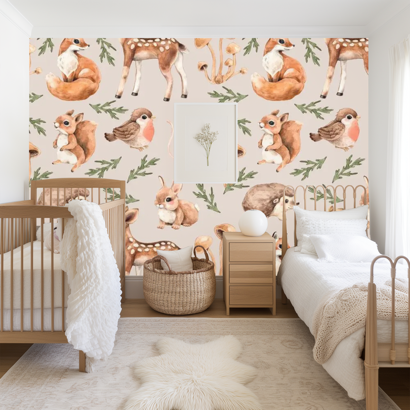 Beige woodland animals mural wallpaper – design detail