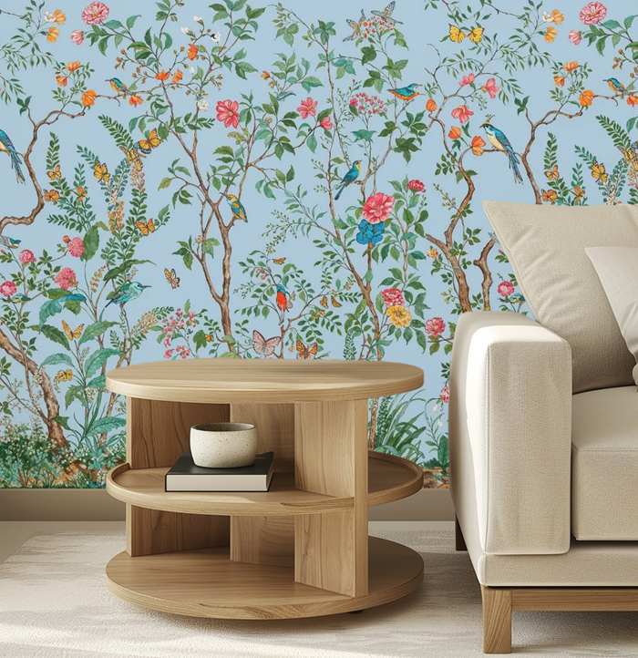 Blue floral and wildlife mural wallpaper – design detail