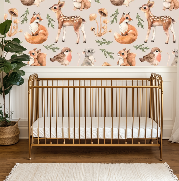 Beige woodland animals mural wallpaper