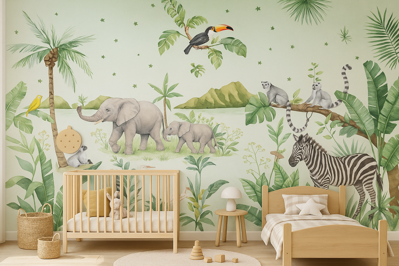 Watercolour tropical jungle animals mural wallpaper for a nursery