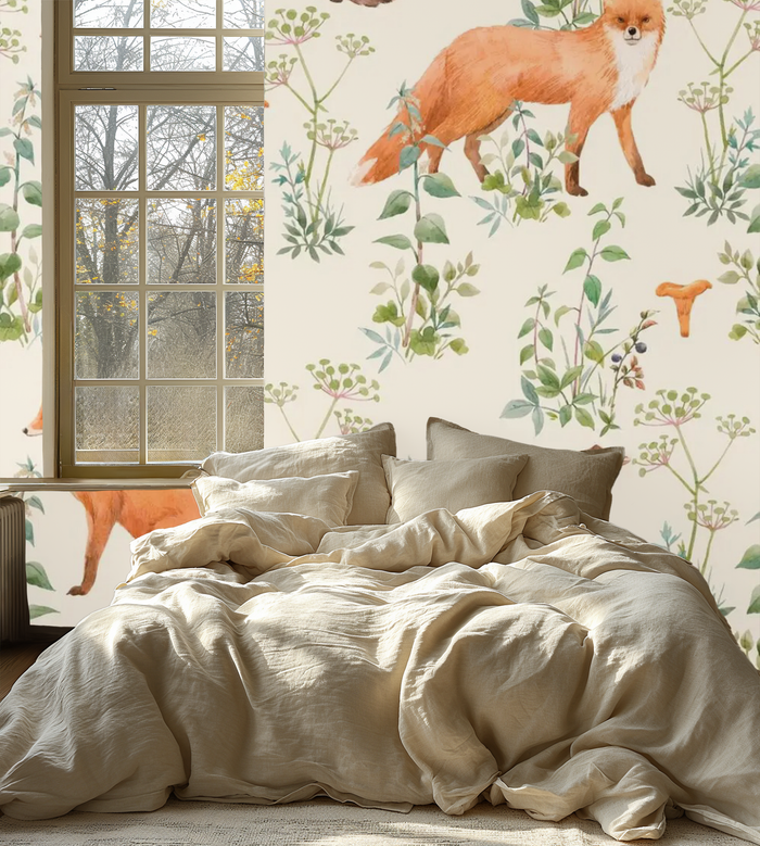 Beige fox and rabbit woodland mural wallpaper – design detail