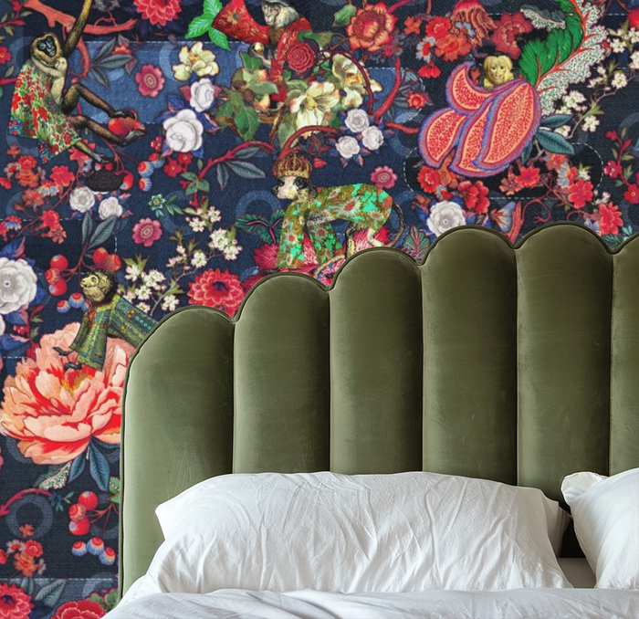 Navy botanical emperor monkey mural wallpaper