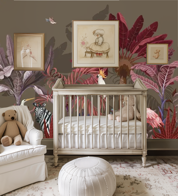 Brown enchanted jungle animals mural wallpaper – design detail