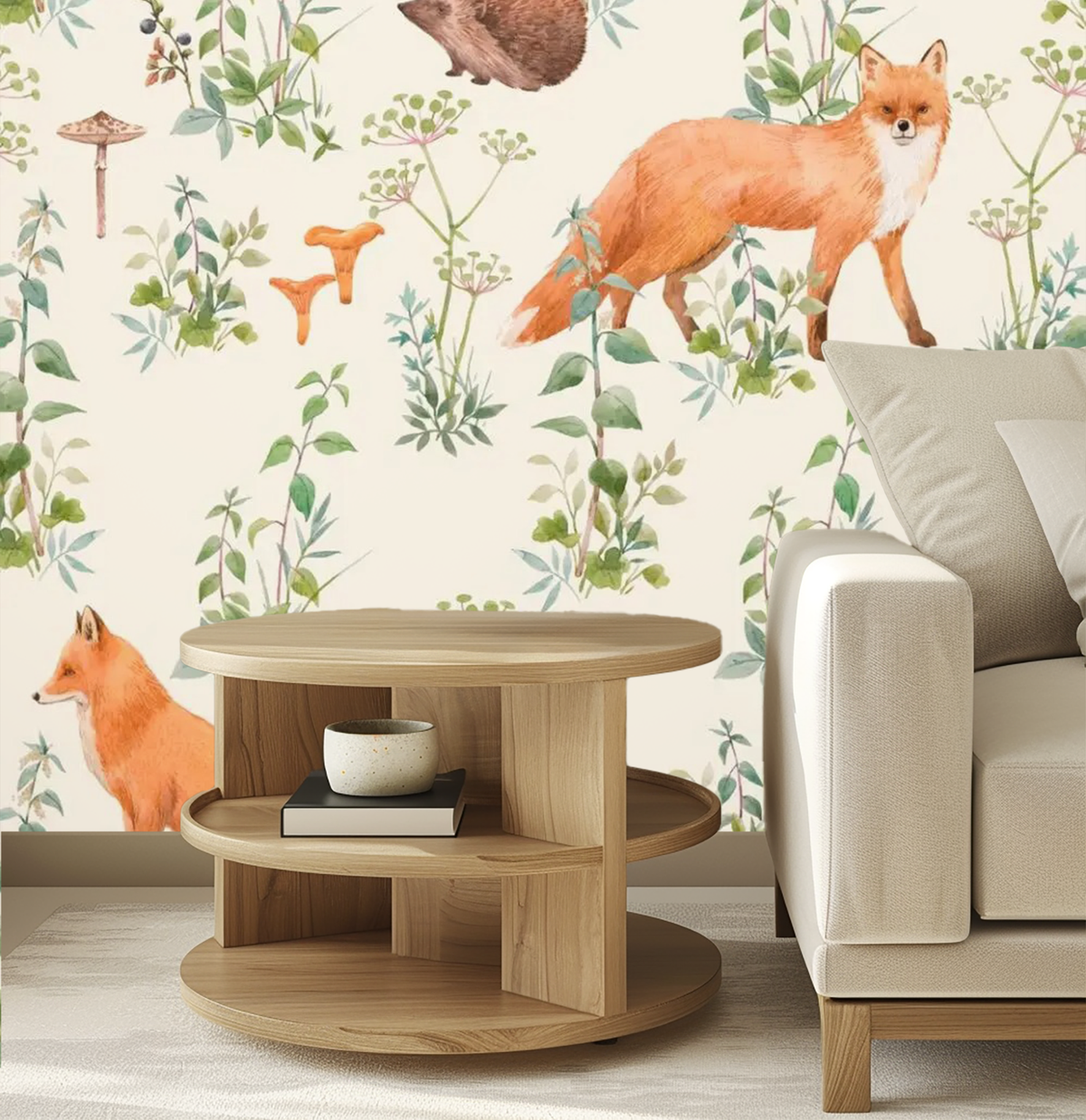 Beige fox and rabbit woodland mural wallpaper