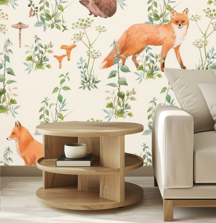Beige fox and rabbit woodland mural wallpaper