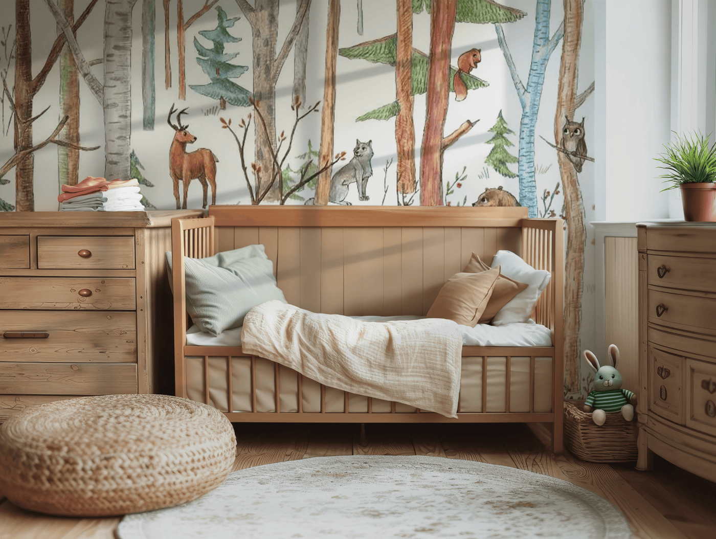 Woodland reindeer and foxes mural wallpaper – design detail