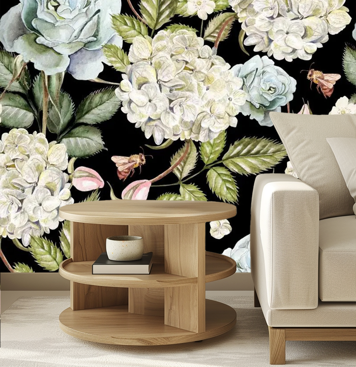 Black floral mural wallpaper
