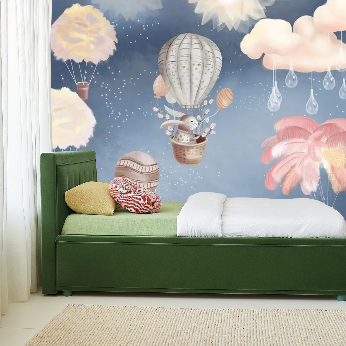 Balloon dreams hot air balloons and clouds children's mural wallpaper – design detail