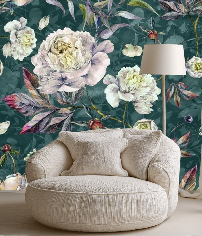 Teal floral mural wallpaper