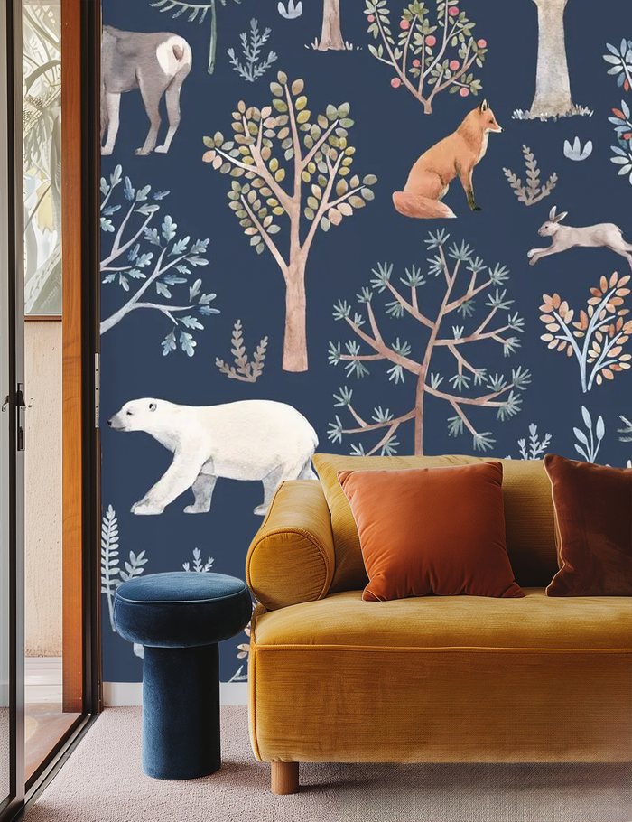Navy Nordic winter animals mural wallpaper – design detail