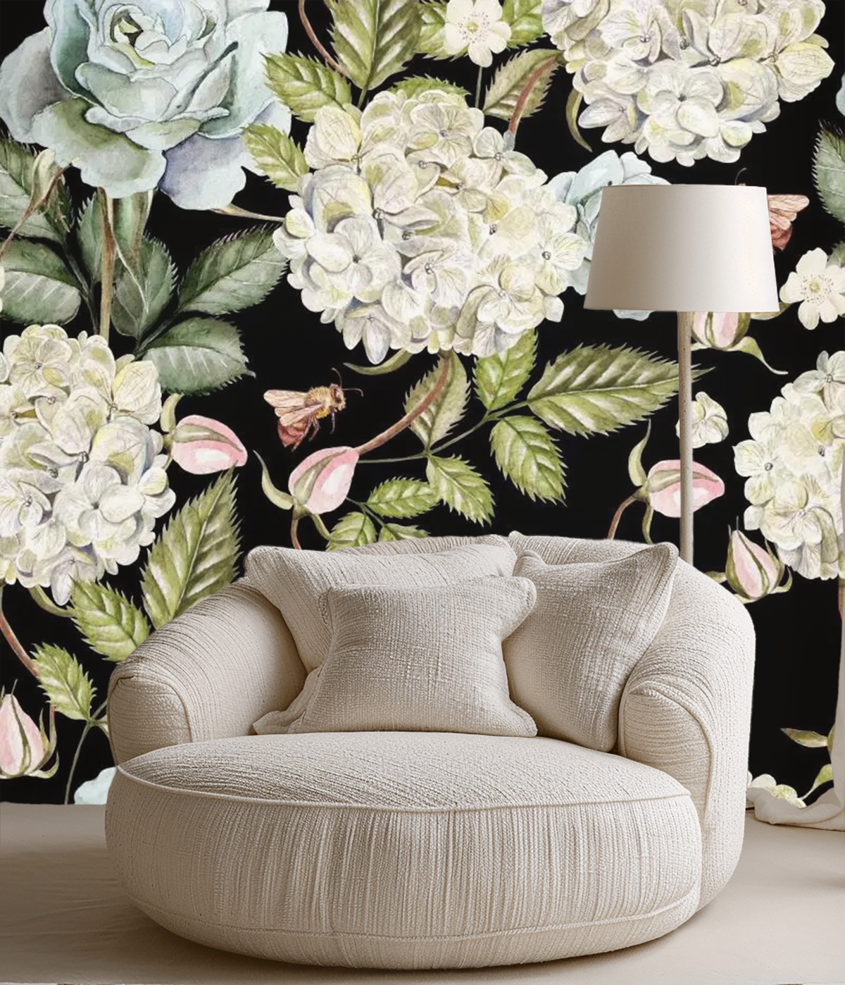 Black floral mural wallpaper – design detail