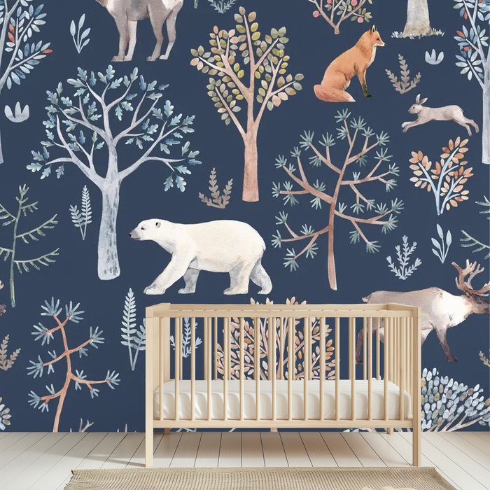 Navy Nordic winter animals mural wallpaper