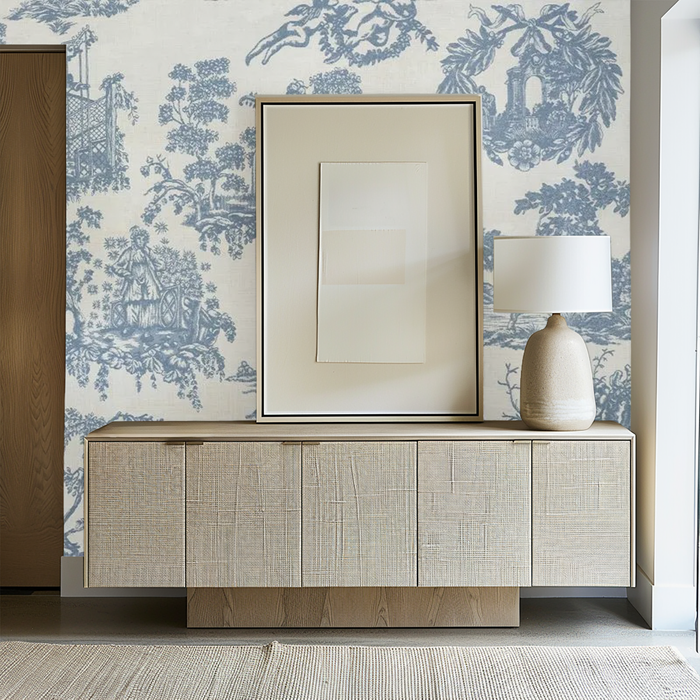 Tranquil blue and white French toile mural wallpaper