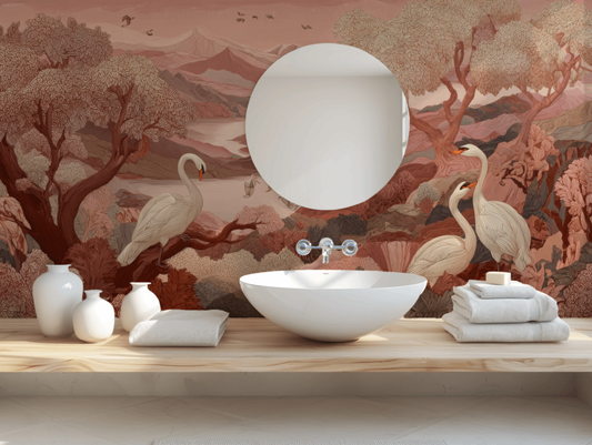 Autumnal Warm Swan Landscape Mural Wallpaper