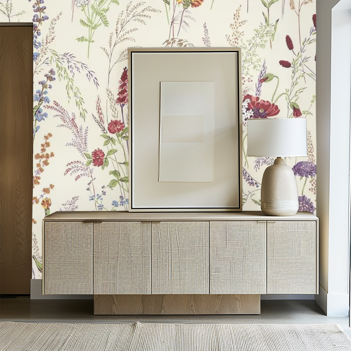 Neutral wispy floral mural wallpaper – design detail