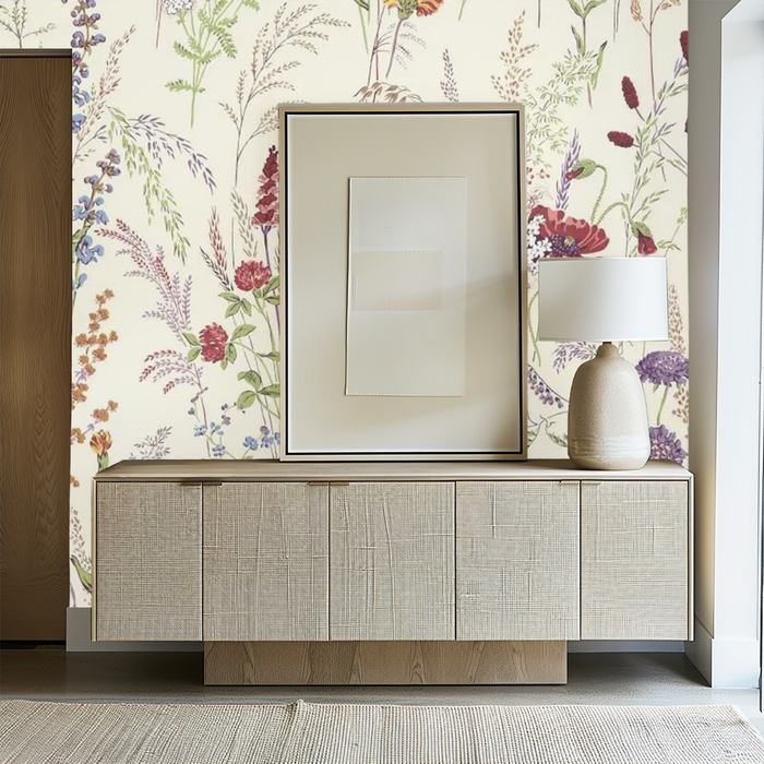 Neutral wispy floral mural wallpaper – design detail