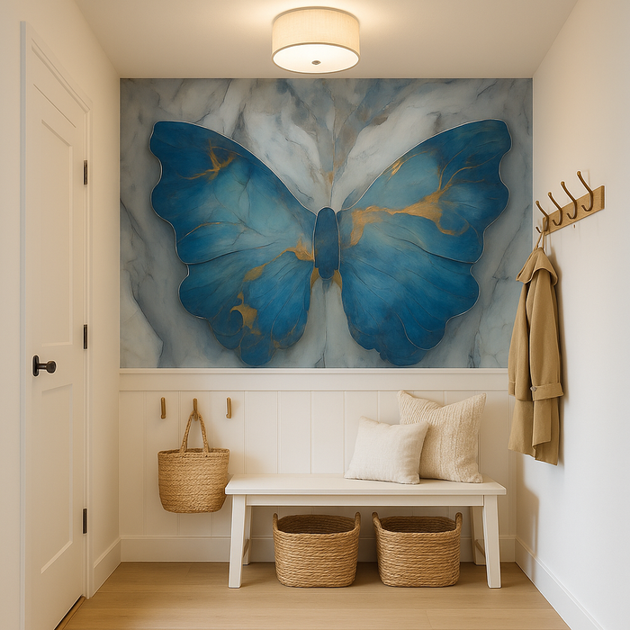 Bold blue butterfly mural wallpaper for a bedroom
