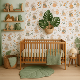Nursery styled with Whimsical Bunny Garden Mural on feature wall, oak crib, neutral Scandinavian decor, woven baskets, and soft natural lighting.