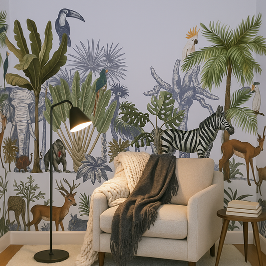Close-up of tropical jungle mural illustrating detailed foliage and gentle wildlife textures in calming green tones.