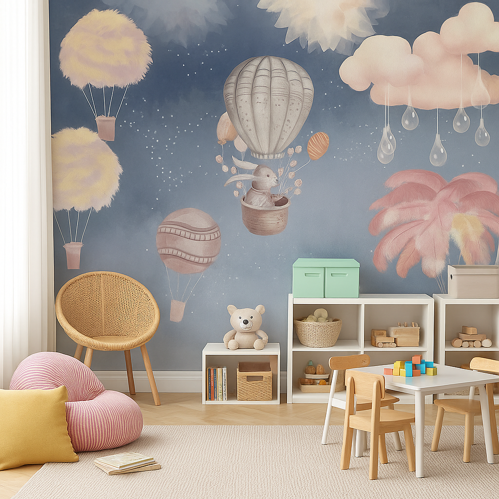 Balloon dreams hot air balloons and clouds children's mural wallpaper – design detail