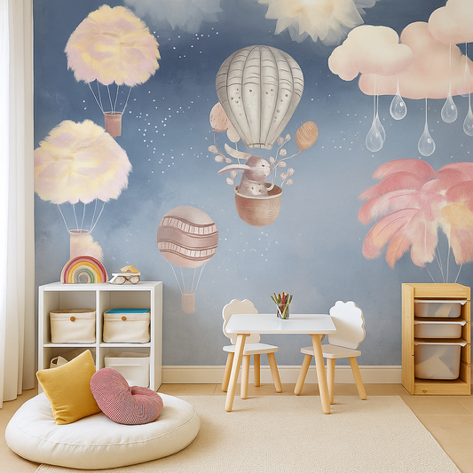 Balloon Dreams Mural Wallpaper – Whimsical Hot Air Balloons & Clouds Wallpaper