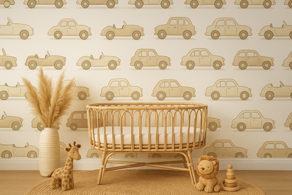 Beige Vintage Car Mural Wallpaper – Neutral Boys Nursery Feature Wall