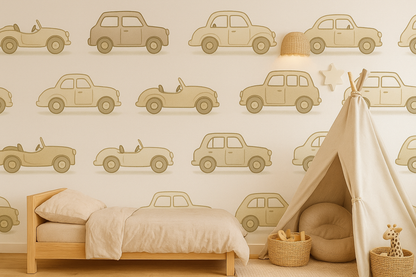 Beige Vintage Car Mural Wallpaper – Neutral Boys Nursery Feature Wall