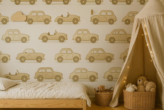 Beige vintage car mural wallpaper for a neutral boys' nursery