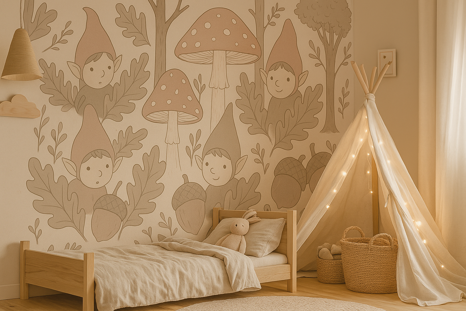Children's bedroom with wall mural, bed, and teepee.