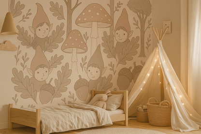 Children's bedroom with wall mural, bed, and teepee.