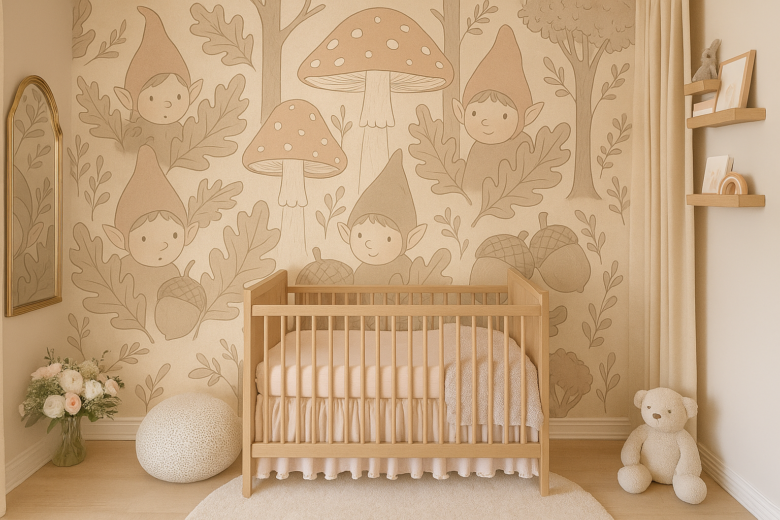 Wooden crib in a room with gnome and mushroom wallpaper, teddy bear, and decorative items.