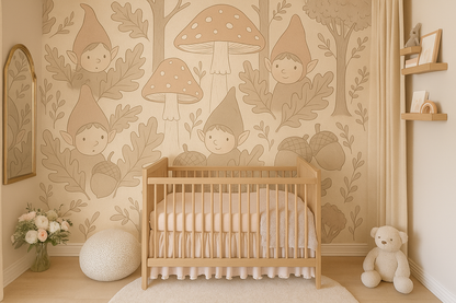 Wooden crib in a room with gnome and mushroom wallpaper, teddy bear, and decorative items.