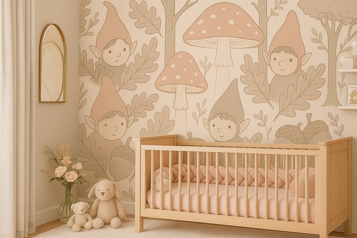 Children's room with crib, wall mural of elves and mushrooms, and decorative elements.