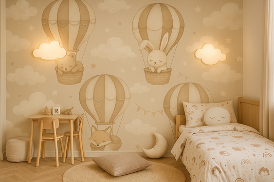 Children's bedroom with decorative wall mural of animals in hot air balloons.