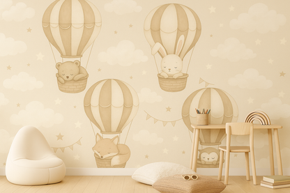 Children's room with wall mural of animals in hot air balloons.