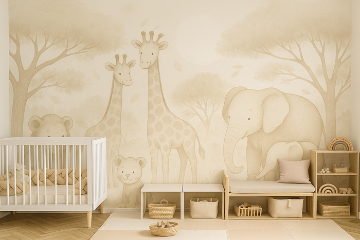 Beige safari animals mural wallpaper for a nursery
