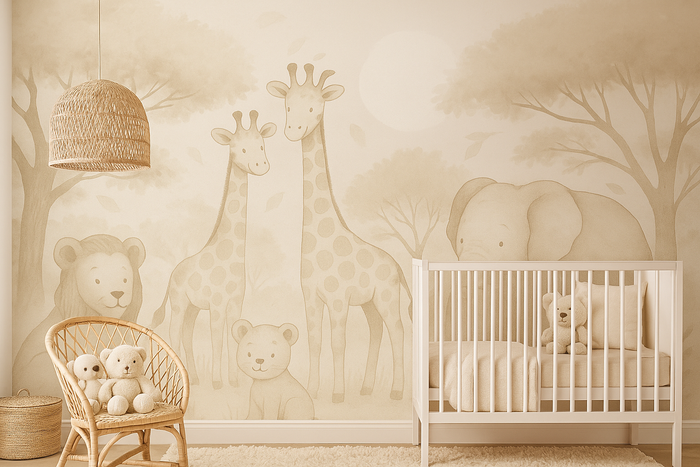 Beige safari animals nursery mural wallpaper – design detail