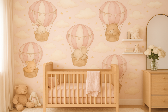 Blush balloon animal mural wallpaper for a baby girl nursery
