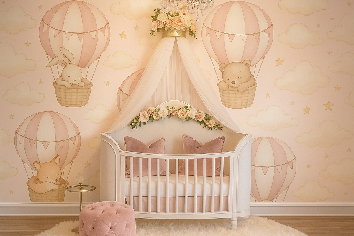 Blush balloon animal baby girl nursery mural wallpaper – design detail