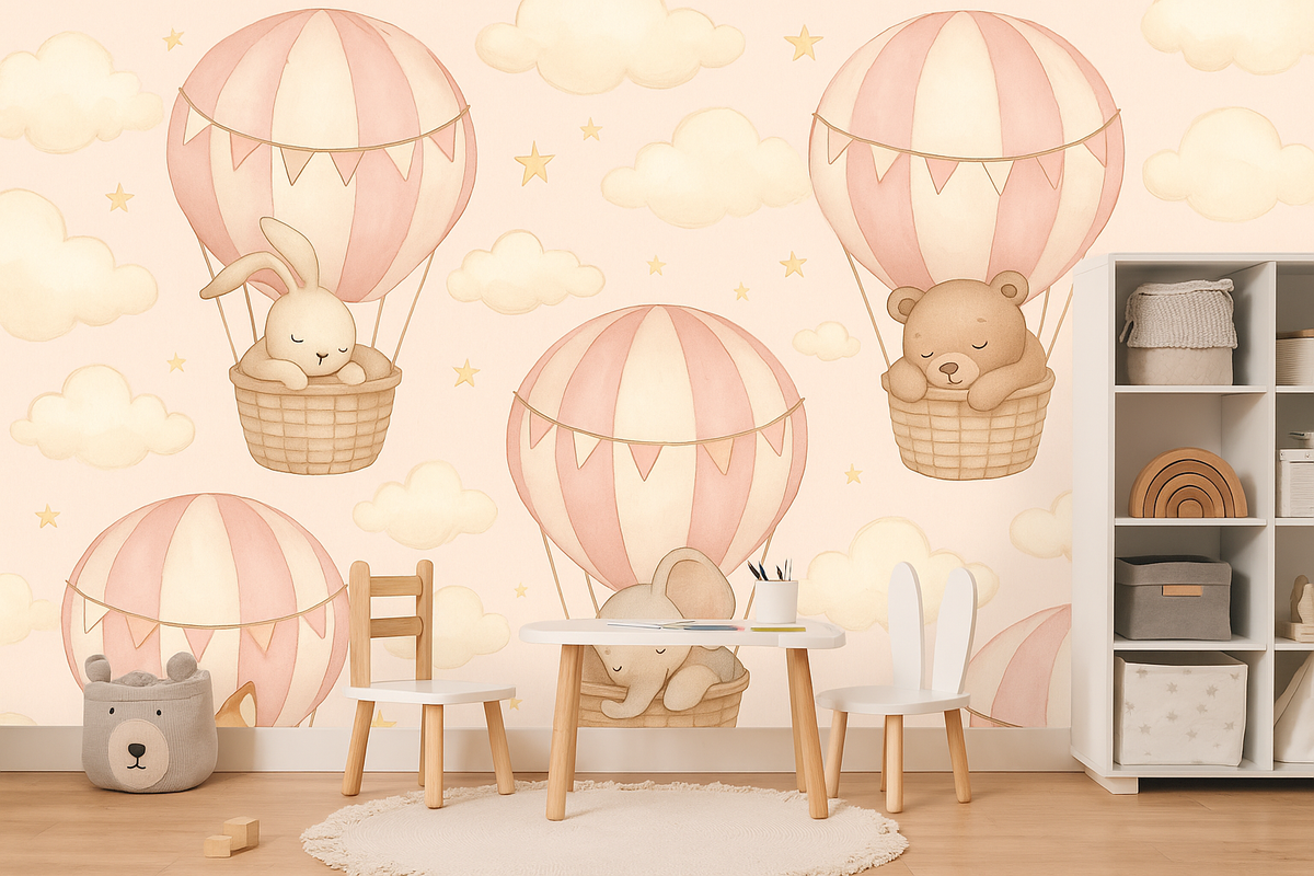 Blush balloon animal baby girl nursery mural wallpaper – design detail