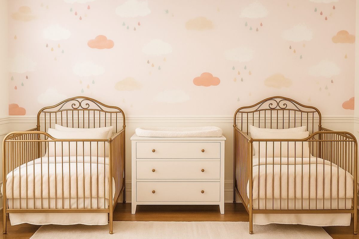 Pink clouds and raindrops nursery mural wallpaper – design detail