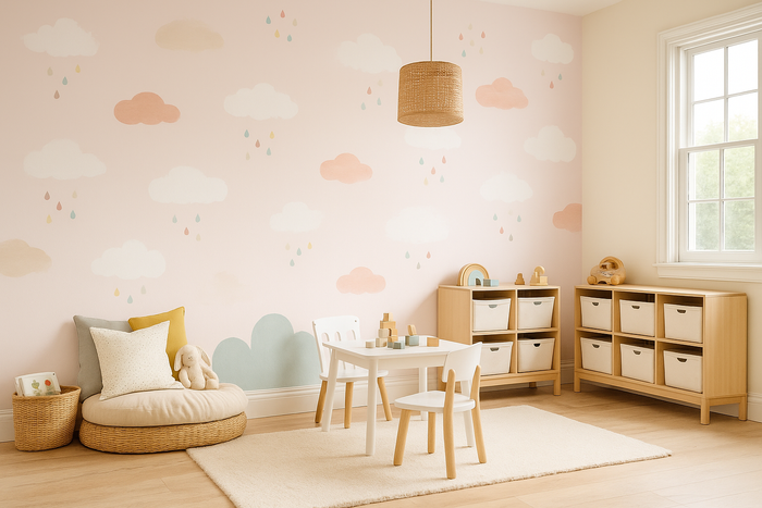 Pink clouds and raindrops mural wallpaper for a nursery
