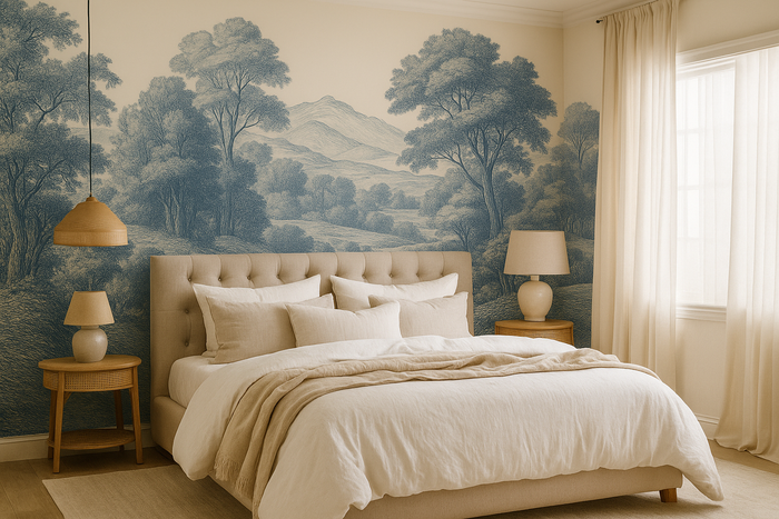 Blue toile scenic mural wallpaper – design detail