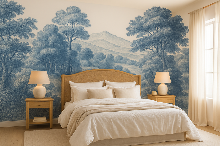 Blue toile scenic mural wallpaper