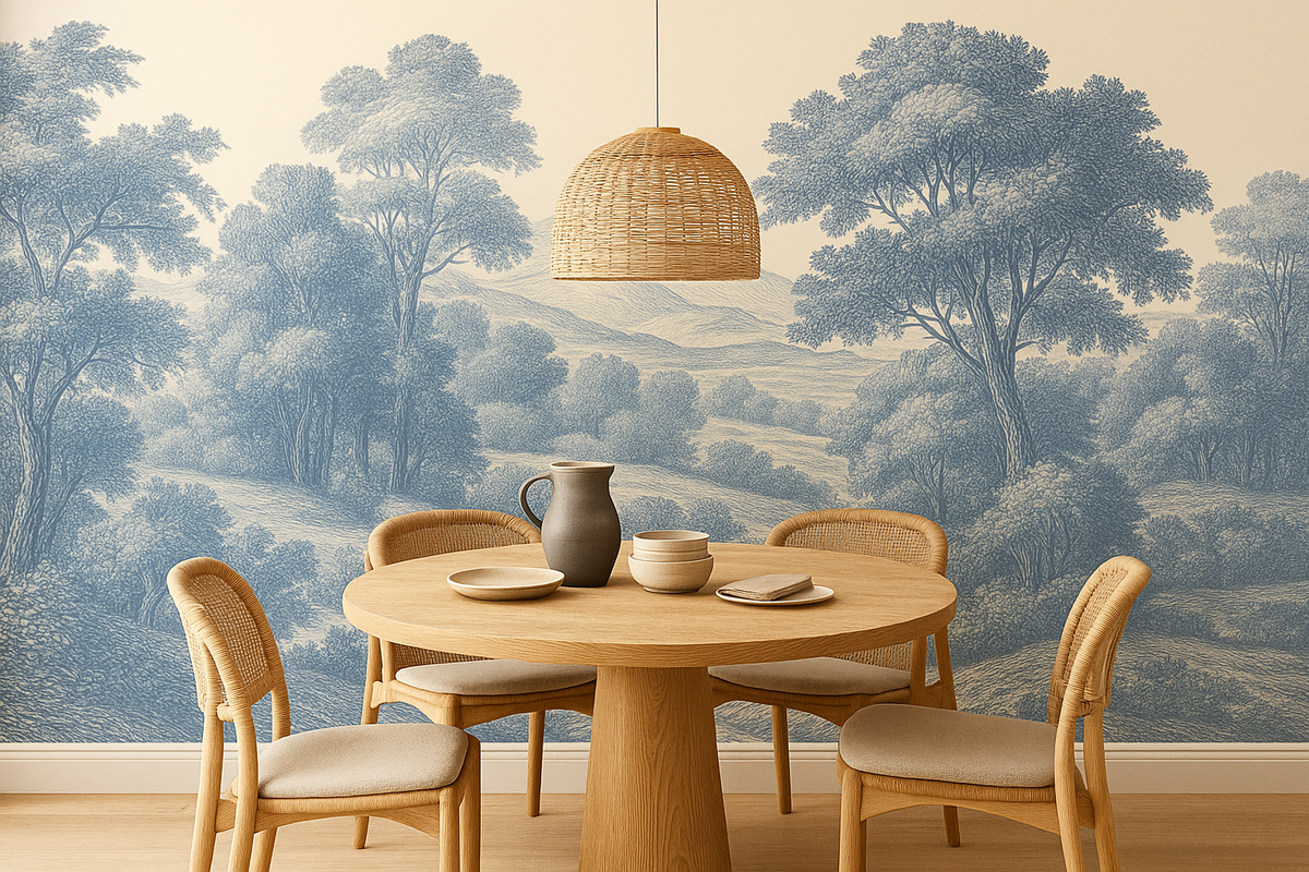 Blue toile scenic mural wallpaper – design detail