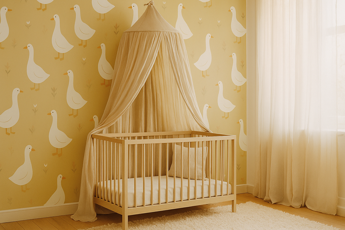 Yellow goose mural wallpaper for a Scandinavian nursery in mustard and white