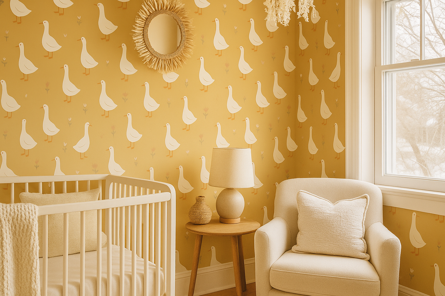 Yellow Goose Wallpaper Mural – Scandinavian Nursery Design in Mustard & White
